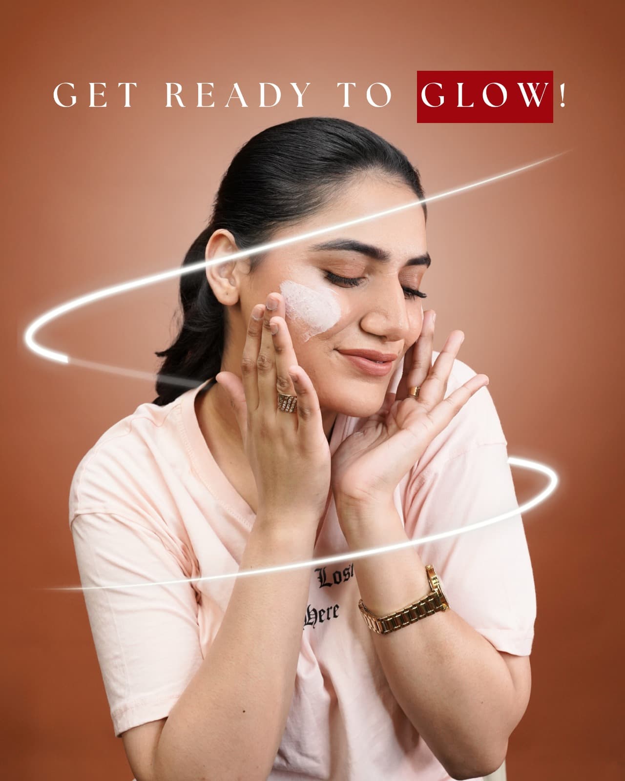 A woman holding MoraGlame Anti Acne Serum to her cheek, eyes closed